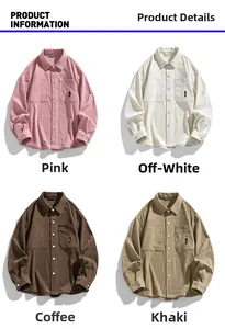 Flat lay of long sleeve corduroy shirts in pink, beige, brown, and khaki with chest pockets