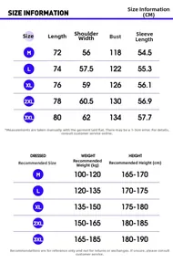 Detailed size chart for long sleeve corduroy shirts including body measurements and height