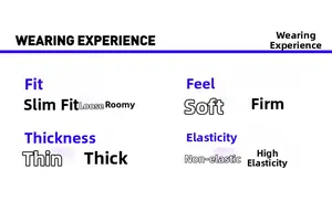 Size chart showing loose fit, moderate feel, moderate thickness and micro-elasticity