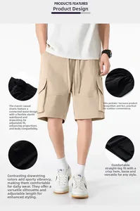 Vue détaillée du short cargo kaki avec taille élastique à cordon et poches latérales utiles