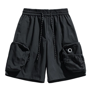 Men's black techwear cargo shorts with tactical pockets and elastic drawstring waist