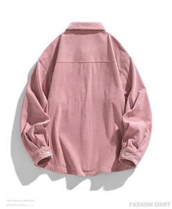 Detailed back view of a pink corduroy long sleeve shirt showing fine ribbed texture