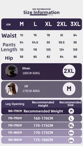 Tableau des tailles pour shorts cargo d'été indiquant la taille et la longueur en cm