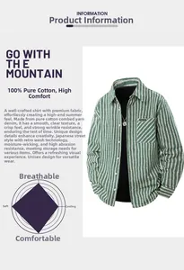Detail of green herringbone denim shirt showing 100% combed cotton fabric texture