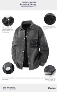 Detail view of washed gray denim jacket showing collar, pockets, buttons and hemline