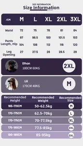 Detailed size chart for outdoor hiking pants showing measurements from M to 3XL sizes