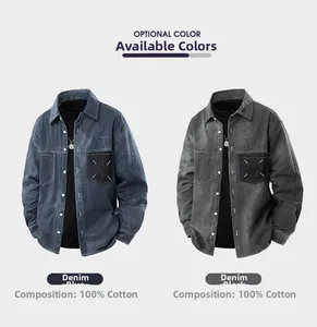 Detail of 100% cotton long-sleeved denim shirts in blue and black with white stitching