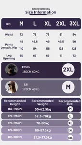 Detailed size chart for summer cargo shorts showing waist and hip measurements in CM