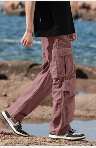 Detail of cargo pocket on lightweight straight-leg trousers for outdoor activities