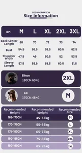 Size chart for long sleeve denim shirt with measurements in cm and fit recommendations