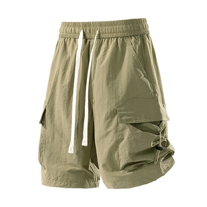 Men's khaki water-repellent cargo shorts with elastic drawstring waist and 3D pockets