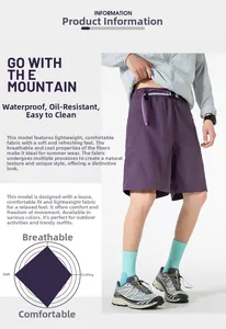 Detail view of purple waterproof nylon shorts showing ice-cool fabric and loose fit