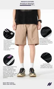 Detail view of khaki casual shorts with adjustable buckle belt and contrast drawstrings