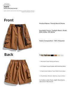 Detail view of water-repellent cargo shorts with multi-pocket design and belt