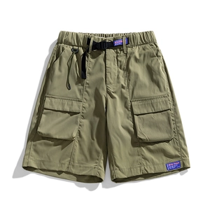 Men's army green cargo shorts with multi-pockets, elastic waist and buckle belt design