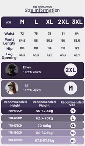 Detailed size chart for men's summer tactical shorts showing waist and length measurements