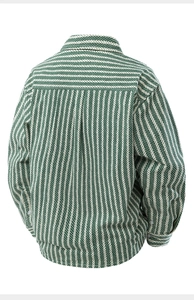 Close-up of green and white herringbone textured fabric on the back of a denim shirt