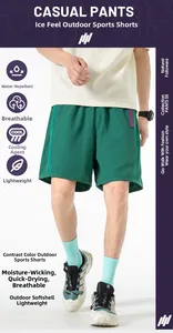 Detail of dark green water-repellent sports shorts showing breathable and quick-dry fabric