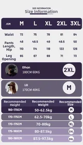Detailed size chart for outdoor sports shorts including waist, length, and weight recommendations