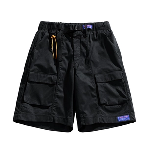 Men's black cargo shorts with utility pockets and adjustable buckle belt for hiking
