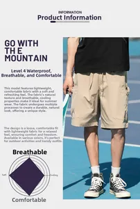Detail of khaki cargo shorts showing 4-level water resistance and breathable cool fabric