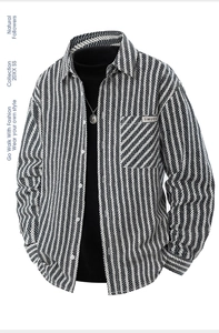 Detail of jacquard denim shirt featuring chevron pattern and TIMUES pocket logo