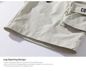Detail of water-resistant cargo shorts with zipper pocket and wide hem opening