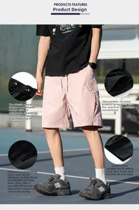Detail of light pink cargo shorts featuring an elastic waistband and large side patch pockets