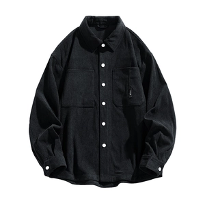 Classic black corduroy shirt jacket for men with chest pockets and white buttons