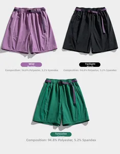 Three pairs of outdoor cargo shorts in purple, black, and green colors with woven belts