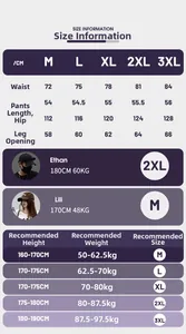 Detailed size chart for cargo shorts including waist, hip, and length measurements
