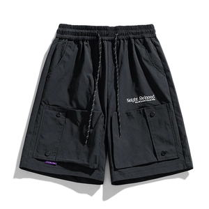 Men's black cargo shorts with elastic drawstring waist and large utility side pockets