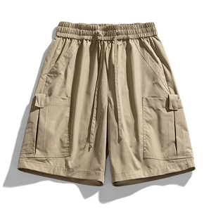 Short cargo kaki pour hommes avec taille élastique à cordon et grandes poches latérales
