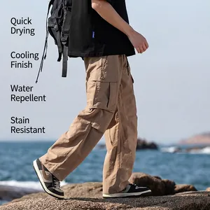 Men's khaki cargo pants with multiple pockets for outdoor hiking and casual wear