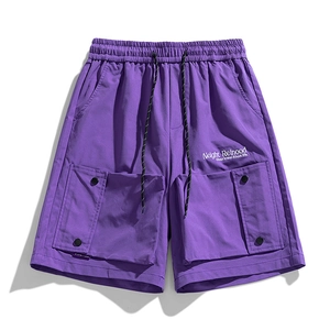 Deep purple water-resistant cargo shorts with elastic drawstring waist and large side pockets