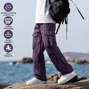 Water-resistant purple cargo pants for hiking, quick-dry lightweight outdoor sportswear