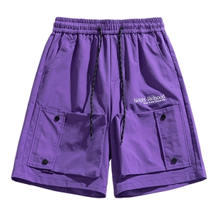 Waterproof purple cargo shorts for men with drawstring waist and pocket text details