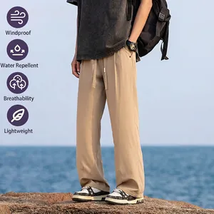 Men khaki ice silk hiking pants for outdoor camping with windproof and waterproof fabric