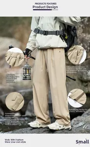 Detail view of khaki hiking pants featuring elastic drawstring waist and large side pockets