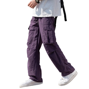 Men's lightweight dark purple cargo pants with drawstring waist and tactical side pockets