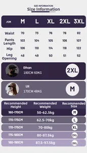 Detailed size chart for lightweight casual pants with measurements from M to 3XL