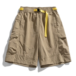 Summer khaki cargo shorts with elastic waist and vibrant yellow nylon belt details