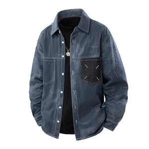 Vintage Washed Cotton Denim Shirt Long Sleeve Retro Workwear Casual Button Down Top With Contrast Pocket For Men Women