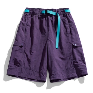 Men's dark purple techwear cargo shorts with quick-dry fabric and blue woven belt