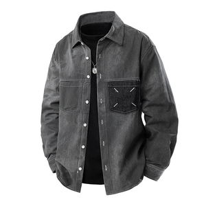 Deep grey long sleeve denim shirt with contrast patch pocket and white stitch detail