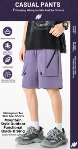 Dettaglio di pantaloncini cargo viola impermeabili con tasche laterali con cerniera