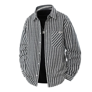 Men's long sleeve herringbone denim jacquard shirt with chest pocket and brand label