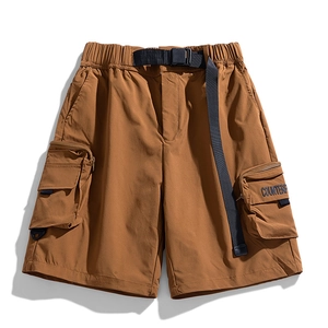 Mens dark khaki water resistant cargo shorts with utility pockets and integrated belt