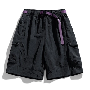 Outdoor techwear black cargo shorts with purple woven belt and utility pockets
