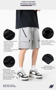 Dettagli dei pantaloncini cargo estivi grigio chiaro con vita elastica e tasche con zip